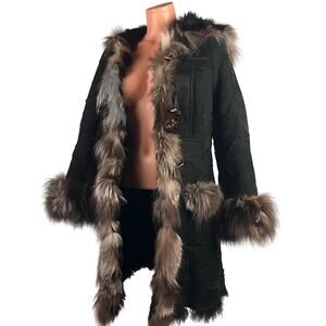 Y2K Shearling Sheepskin Patchwork Pennylane Fox Fur Trim Leather Coat w/Hood S